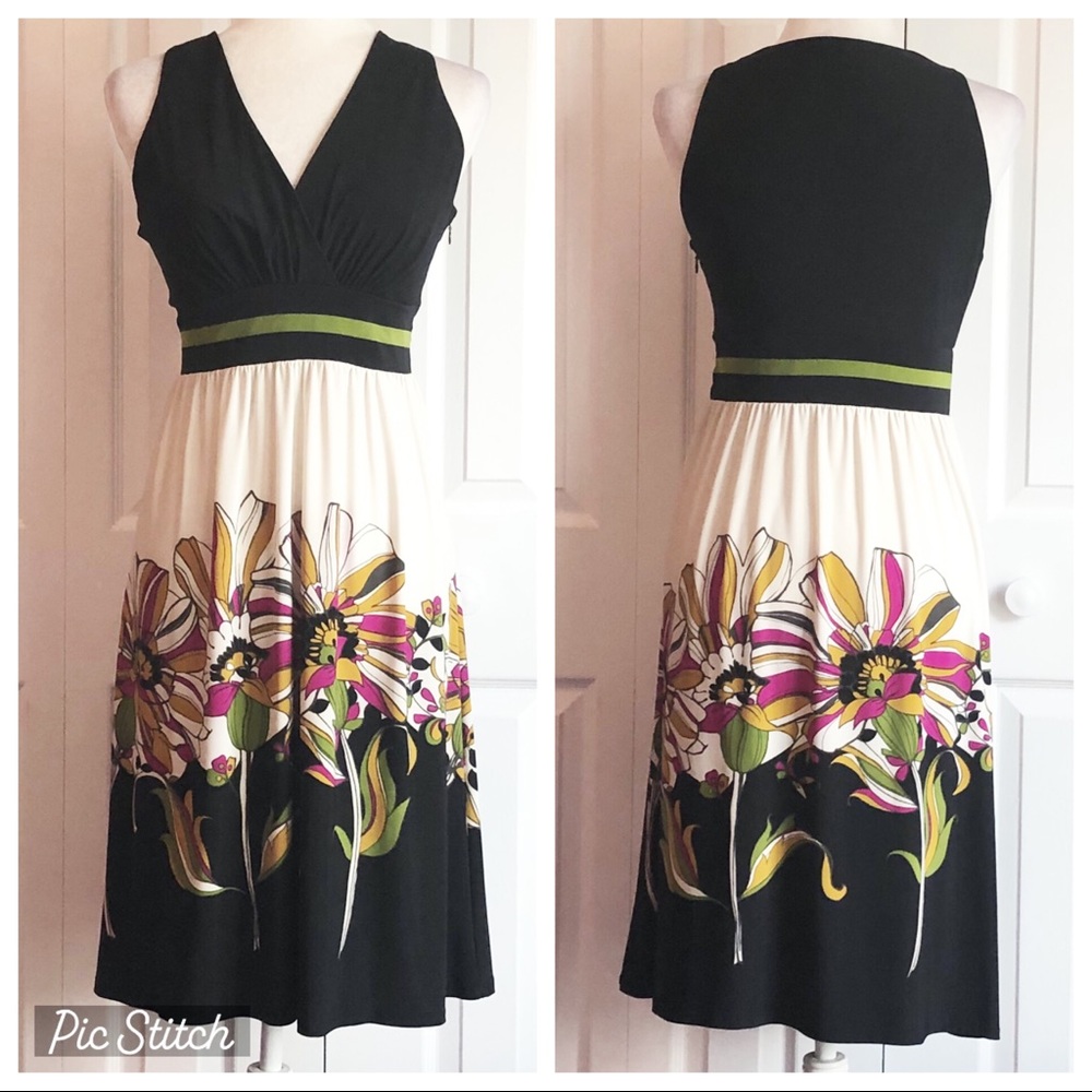 Evan-Picone Black & Cream Color Block Floral High Waist Midi Dress 6
